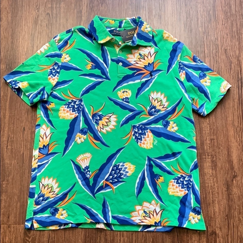 Polo Ralph Lauren Terry Polo Shirt Short Sleeve Green Floral Size XL NWT